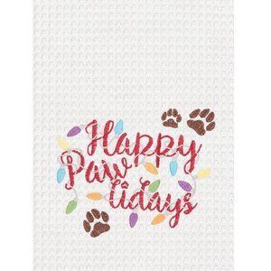 "Happy Paw-lidays" Embroidered Christmas Kitchen Towel for Dog & Cat Lovers Holi